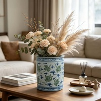 Pot Bunga Porselen Biru Hijau Putih Gaya Art Deco, Lukisan Tangan Motif Bangau dan Awan, Chinoiserie, Dekorasi Rumah dan Taman, Selamat
