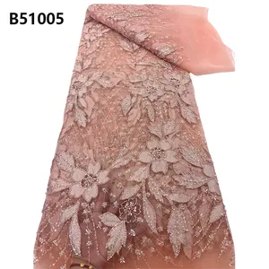 CHOCOO Hochwertige Perlen Netzspitze mit Paillettenstoff Glitter orange Luxus Perlen Spitzenstoff für Hochzeiten