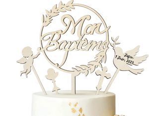 Décoration de gâteau de <span class=keywords><strong>baptême</strong></span> en bois faite à la main 20 cm 'Mon <span class=keywords><strong>Baptême</strong></span>' avec motif ange, colombe et croix pour garçon ou fille - Product Image 1