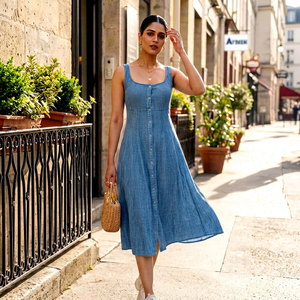 Vestido Midi Azul sin Mangas de Lino y Algodón con Cuello Cuadrado para Mujer, con Tela Ligera, Estilo Moderno y Ajuste Cómodo - Product Image 1