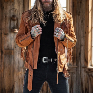 Men's <b>Suede</b> <b>Leather</b> <b>Jacket</b> With Tassel Fringe Zipper Closure Moto Biker Style Autumn Wear - Product Image 3