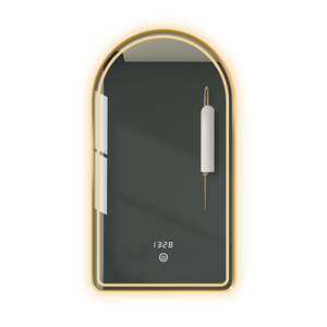 Miroir <span class=keywords><strong>de</strong></span> salle <span class=keywords><strong>de</strong></span> bain LED à cadre doré en forme d'arche avec rétroéclairage halo chaud, affichage <span class=keywords><strong>de</strong></span> l'heure tactile pour hôtel <span class=keywords><strong>de</strong></span> luxe moderne, vente en gros - Product Image 5