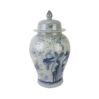 Grand vase de table en céramique, pot à gingembre décoratif pour la maison, motif floral et oiseaux, en porcelaine bleue et verte peinte à la main, style antique de Jingdezhen