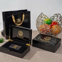 Boîte à cartes de visite Landy en bois noir laqué, finition piano, luxe, haute brillance, avec charnières métalliques, pour bureau, banque, cadeau, vente en gros
