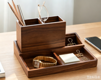 Boîte de rangement de bureau en bois avec 3 compartiments de rangement, plateau porte-stylos