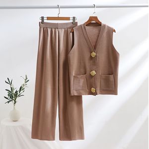 Conjunto de moda de verano informal para mujer, chaleco de botón de punto transpirable y pantalones de pierna ancha con patrón sólido, combinación perfecta - Product Image 4