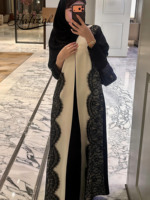 Nouvelle Abaya de Luxe Ouverte Hafizah pour Femme, Robe Longue Cardigan Noire et Blanche avec Bordure en Dentelle, Modeste, Style Musulman Islamique, Kaftan Dubaï, Jalabiya