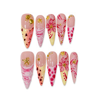 10 faux ongles stiletto faits main, modèle 3D, à presser, avec fleurs et perles, pointes d'ongles de qualité professionnelle, taille unique