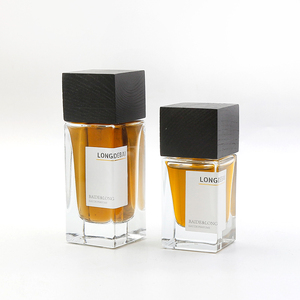 Trong kho tùy chỉnh rỗng vuông áp lực nước hoa chai thủy tinh 30ml 50ml 100ml rõ ràng uốn chai nước hoa với màu đen Nắp bằng gỗ - Product Image 1