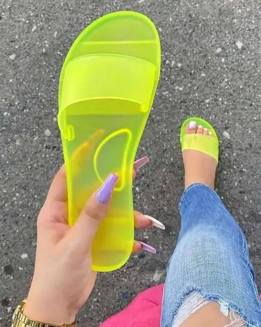 세련된 PVC 여성 클리어 젤리 신발 네온 컬러 젤리 샌들 편안한 투명 젤리 슬리퍼