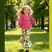 Ensemble de vêtements pour enfants en fibre de bambou imprimé sur mesure, chemisier à manches longues à col rond et pantalon évasé pour filles, tenue quotidienne pour enfants, 2 pièces