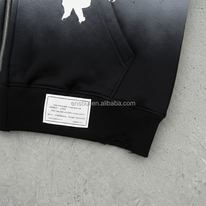 Sudadera con capucha para hombre, de fabricante OEM, con teñido por inmersión, impresión digital DTG, estilo holgado, desgastado, con efecto descolorido por el sol, lavado ácido, corta, de corte cuadrado y con cremallera - Product Image 3
