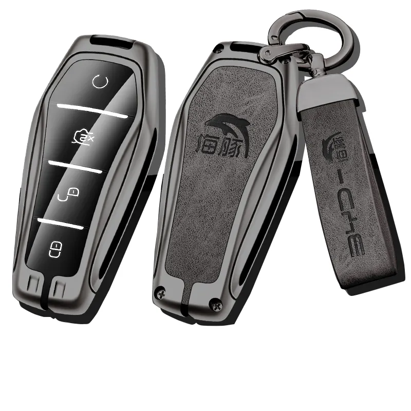 Custodia per chiave auto in pelle in lega di zinco di nuovo Design per BYD Atto 3 Han EV Dolphin 4 pulsanti portachiavi a distanza accessori per lo Styling