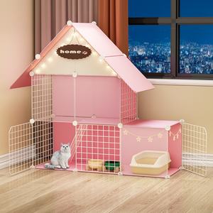 Natural Wood Color Cat <b>Cage</b> Free Assembly Iron Mesh Pet House Dog Kennel Crate Oxford Steel Yellow Cat Villa <b>for</b> Home Living - Product Image 2