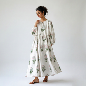 Vestido Largo Kaftán Bohemio de Algodón 100% con Estampado Floral de Jaipur, Holgado, Natural, Transpirable, para Mujer, Verano, Playa, Resort - Product Image 1