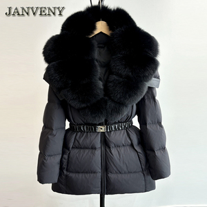 Áo khoác phao lông cáo thật mùa đông JANVENY 2024, dáng dài, có dây buộc eo, giữ ấm, chất liệu lông vũ trắng 90%, dành cho nữ - Product Image 2