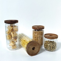 Bocal de conservation en verre rayé pour céréales et récipient à grains avec couvercle en bois 500ml 750ml 1L, pot hermétique en borosilicate de haute qualité