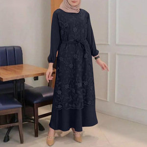 Nouvelles dames Abaya pour vêtements musulmans col rond dentelle à manches longues taille lâche femmes robe traditionnelle musulmane mode Abaya - Product Image 3