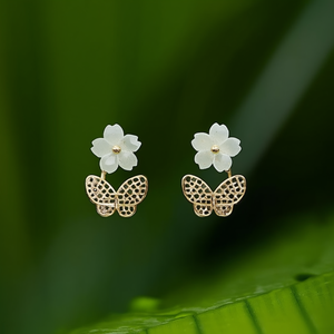<b>Crystal</b> Butterfly <b>Earrings</b> With Flower Design PVD Gold Plated 316L Stainless Steel Sustainable Resistant Jewelry - Product Image 3