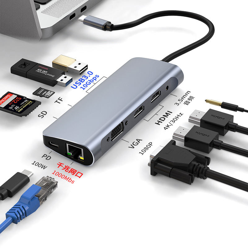 OEM Usb3.0 Card Reader Vga Pd 100W 1000Mbps Gigabyte Network Plug and Play Usb to Dual hdmi Hub Multifunction 10 in 1 Type c Hub