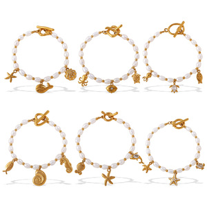 Pulsera con Perlas de Agua Dulce y Temática Oceánica, Chapada en Oro de 18K, con Colgantes Temáticos, Joyería para Uso Diario de Mujer - Product Image 5
