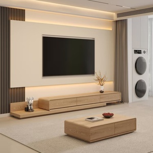 Meuble TV moderne en bois de luxe sur mesure avec foyer électrique intégré, unité murale pour salon - Product Image 2