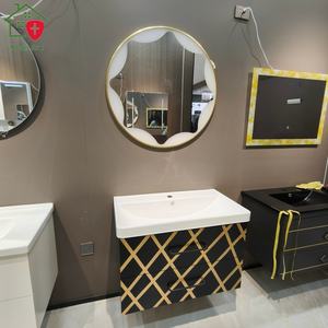 Meuble de salle de bain rayé noir, comptoir blanc, lavabo, miroir rond mural - Product Image 4