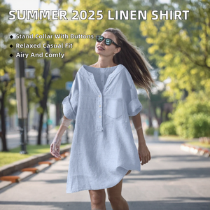 Blusa Asimétrica de Lino Azul Claro para Mujer, Cuello en V, Manga Tres Cuartos, Corte Holgado Informal, Color Sólido, Transpirable, para Primavera/Verano - Product Image 2