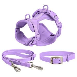 Hot Sell PVC Polyester Luxus Hunde geschirr Set personal isierte wasserdichte Gummi Haustier Halsband Leine verstellbare atmungsaktive Haustier Weste - Product Image 1