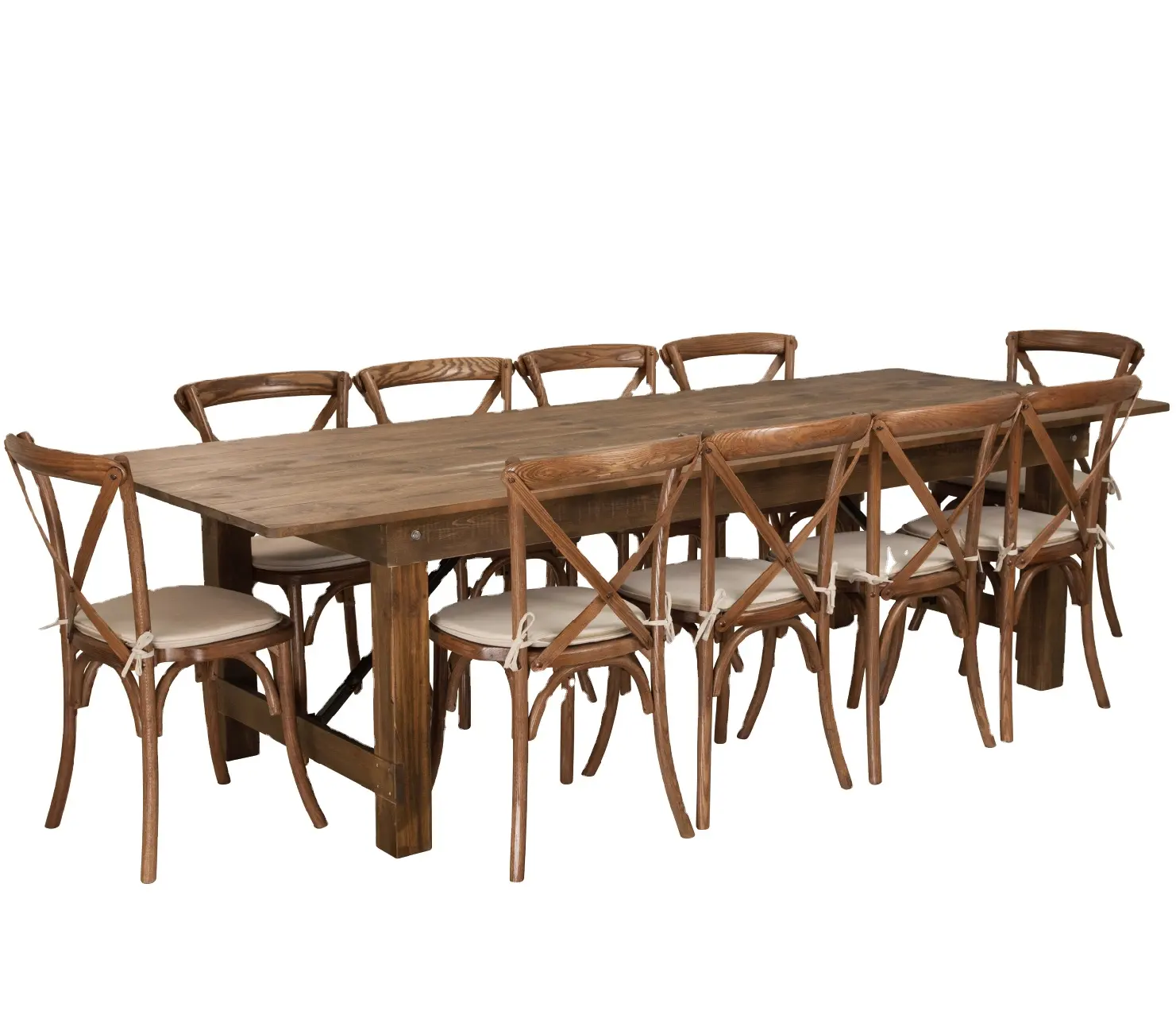 Mesa de campo de madera sólida dura, conjunto de silla cruzada de madera sólida