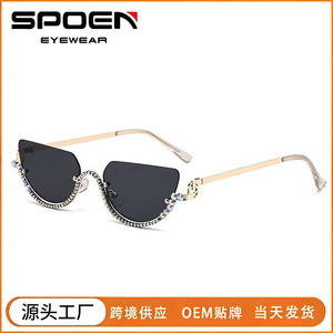 Lunettes de soleil œil de chat demi-cerclées avec monture perlée, protection UV400 pour femme, protection solaire tendance - Product Image 5