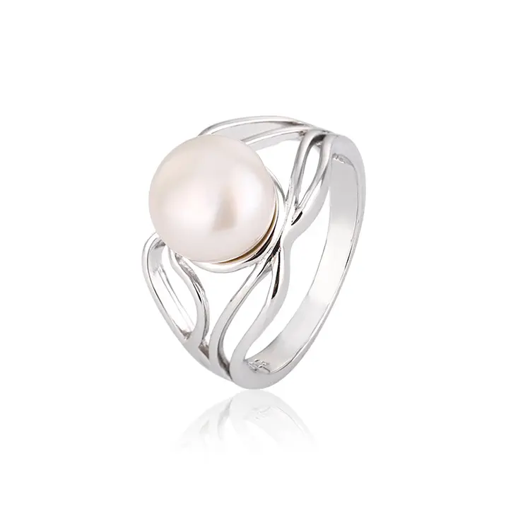 Mejor precio personalizado único delicado 925 Plata gran anillo de perlas de agua dulce con perla blanca