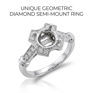 Bague de fiançailles semi-montée en or blanc 18 carats avec tête d'étoile pavée, diamant rond, bande conique ornée, monture vintage, vente en gros, MOQ 1 - Product Image 1