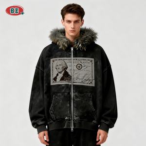 OEM ベストセラー ブラックファーフーディー 高品質 ヘビーウェイト 400G 酸洗い ヴィンテージフーディー デザイナーカスタム DTG ジップアップ ボクシーフーディー - Product Image 2