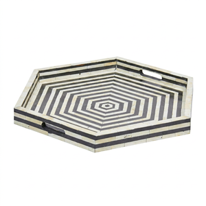 Modern Hexagonal <b>Serving</b> <b>Tray</b> With <b>Black</b> And White Geometric Pattern Handmade Mother Of Pearl Decorative Plate For Home Use - Product Image 1