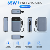 Module de batterie externe 20000 mAh 65W à charge rapide avec câble tressé intégré, affichage numérique LED, portable