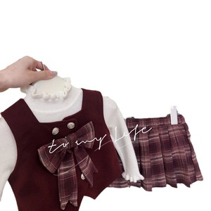 Girls Winter School Style Bow Vest Plaid Skirt Set Thickening Cotton Children Outfits - Product Image 5