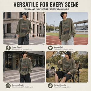 <b>Men</b> Loose Fit 260G Cotton Long Sleeve T-Shirt Heavyweight Washed Vintage Graphic Print Streetwear Supplier OEM Top Wear Bulk - Product Image 3