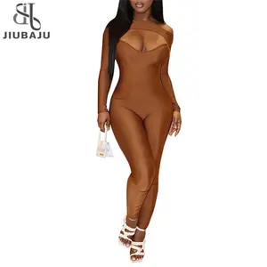 Sexy Brown Bodycon Jumpsuits Party Club Outfits For Women Autumn Fashion Long Sleeve Hollow Out High Waist Jumpsuits