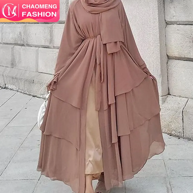 Abaya vestido feminino kimono dubai turquia, cardigan de cor sólida com 3 camadas, vestido de chiffon para mulheres, roupa islâmica, #1896