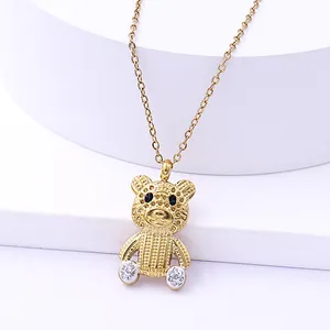 Trendy Cute Retro Jewelry New Cute Bear Long Pendant Necklace Women Simple Cartoon Fashion 14K Gold Plated Women Crystal Jewelry