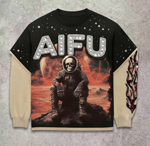 T-shirt Personalizzata: Felpa con Cappuccio Hip Hop con Teschio di Astronauta e Strass, Streetwear con Fiamme, Pullover Unisex per Uomo e <span class=keywords><strong>Donna</strong></span> - Product Image 2