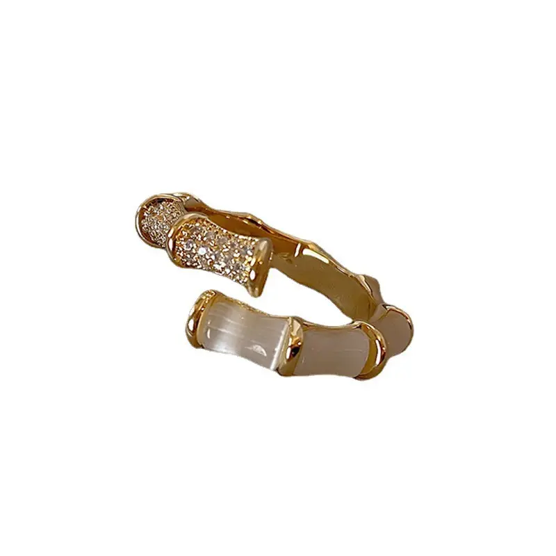 Anillo ajustable con apertura de piedra de ojo de gato de bambú geométrico, anillos de dedo de cristal de diamantes de imitación abiertos ajustables, anillo de bambú de ópalo de moda