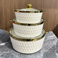 Ensemble de 3 casseroles en céramique de luxe pour servir, motif diamant, bordure dorée, bol à soupe en porcelaine avec couvercle en verre pour usage domestique