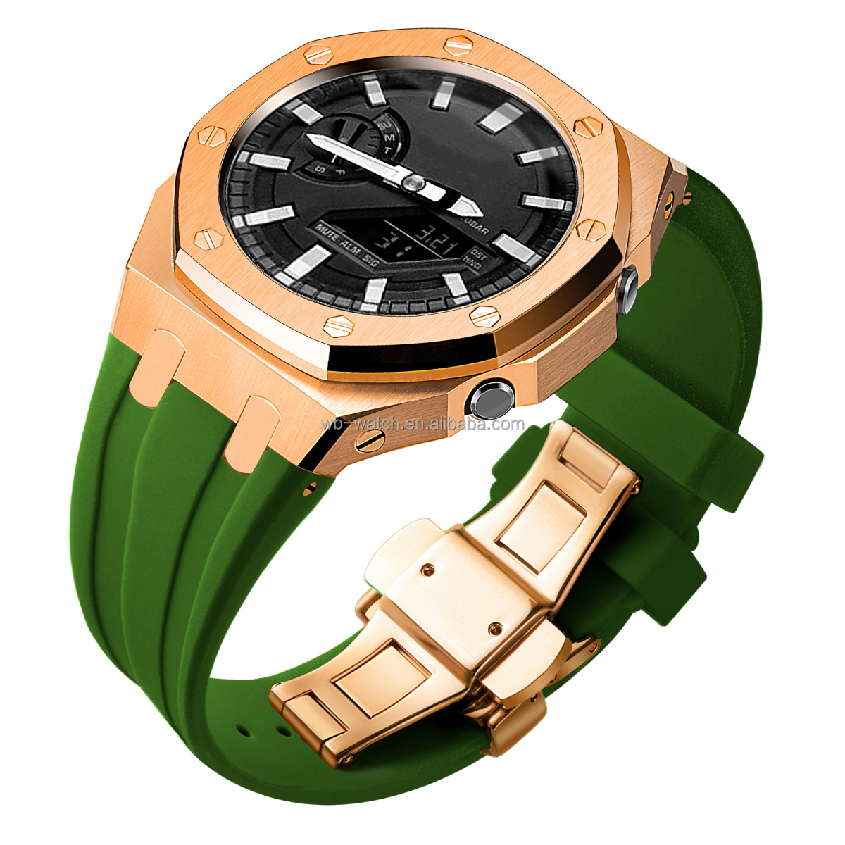 Boîtier en or rose + bracelet vert