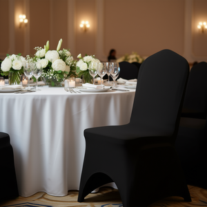 Housses de chaise en polyester et spandex noir Db Wholesale, 50 pièces, légères, à devant arqué, pour mariage, salle à manger, banquet, housses extensibles - Product Image 2