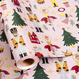Christmas Wrapping Paper <b>Pink</b> Nutcracker Gold Foil Tree Design 17 In X 32.8 Ft Roll Eco Friendly Gift <b>Wrap</b> - Product Image 1
