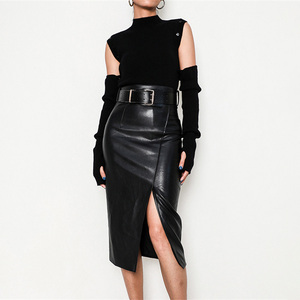 Nouvelle arrivée, <span class=keywords><strong>jupe</strong></span> <span class=keywords><strong>en</strong></span> <span class=keywords><strong>cuir</strong></span> d'agneau à taille haute et fente, <span class=keywords><strong>jupe</strong></span> <span class=keywords><strong>en</strong></span> <span class=keywords><strong>cuir</strong></span> <span class=keywords><strong>véritable</strong></span> chic pour le printemps, pour femmes - Product Image 4