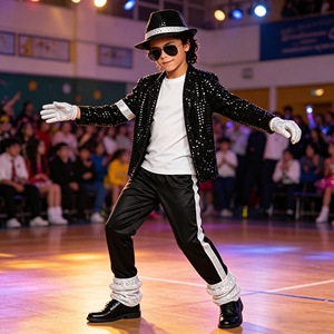Costume da Michael Jackson per Bambini, Outfit Retrò Anni '80 con Paillettes, Costume da Disco per Ragazzi con Cappello e Guanti per Feste di Halloween - Product Image 1