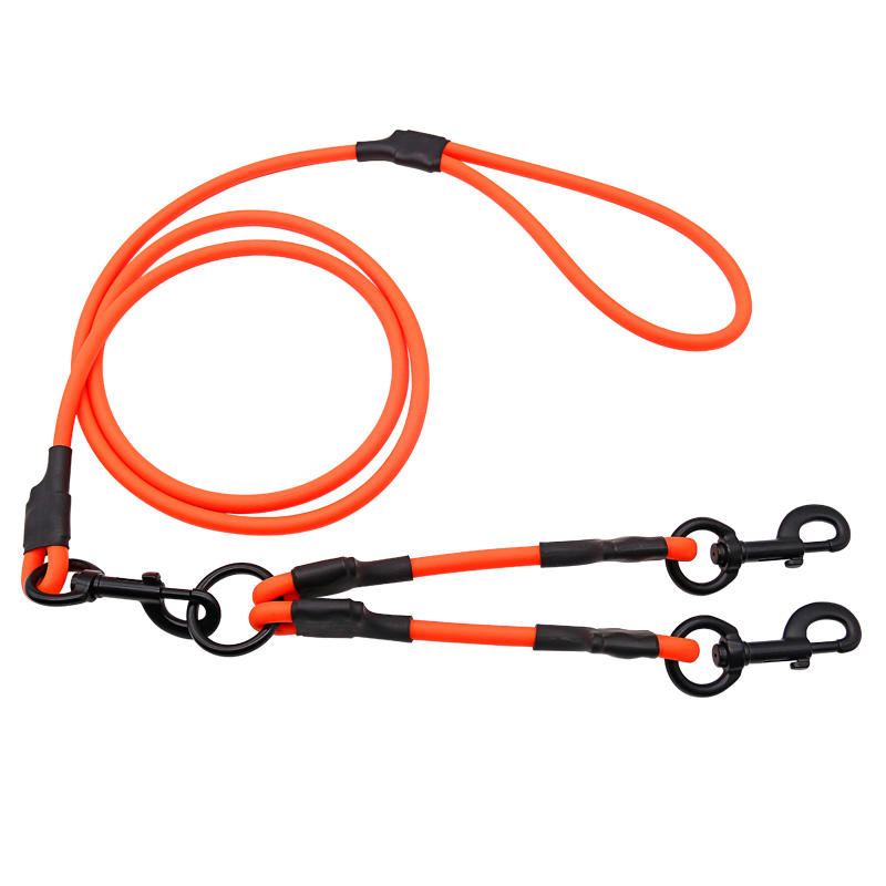 Orange dog leads with 2 dogs coupler